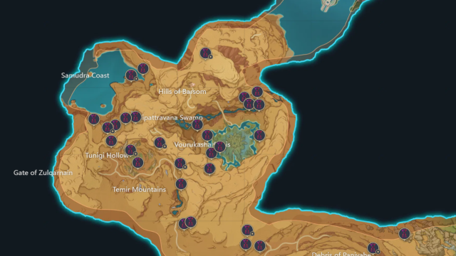 A map of Sumeru with the Time Trials marked. 