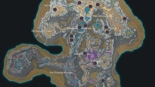 A map of The Chasm underground with the Time Trials marked.