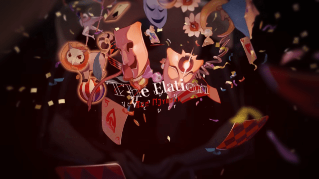 The Elation path with Drama masks and cards scattered in the air.