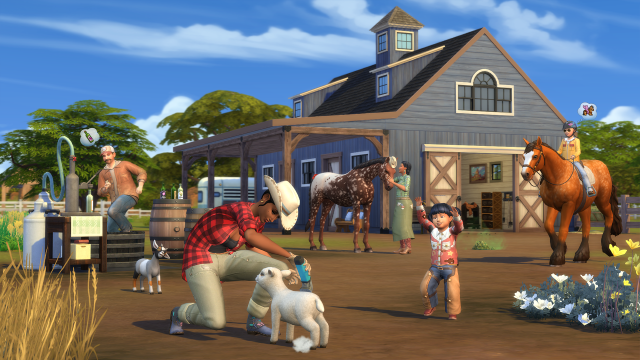 Sims tending to horses, sheep, and goats on a ranch.