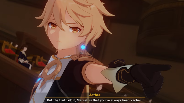 The male Traveler (Aether) delivering a line of dialogue in court. 