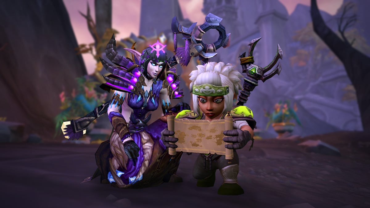 Two Warlocks reading a map in WoW