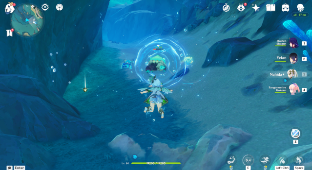 Nahida using the Xenochromatic Blubberbeast ability against a crab.