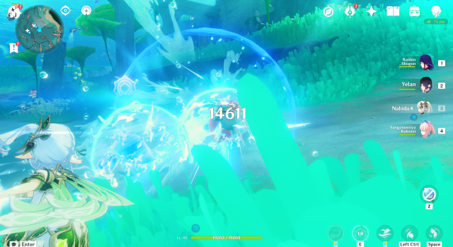 Nahida using the Xenochromatic Armored Crab ability against an enemy.