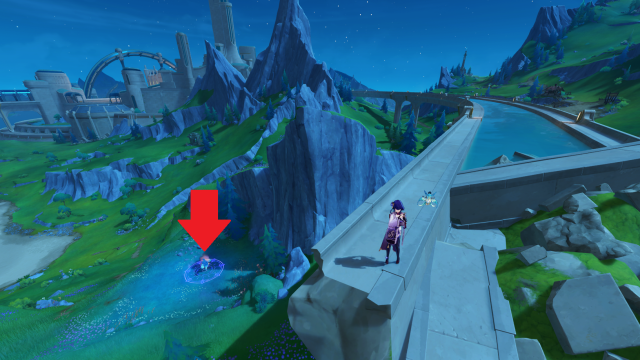 Raiden Shogun standing at the end of the aquabus track and Vivianne's location marked to the left in the distance behind her.