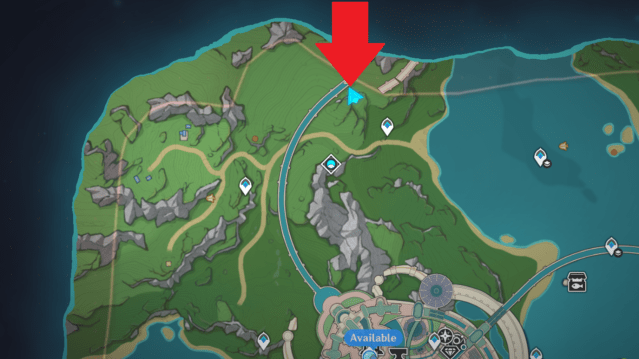 A map of the area behind the Court of Fontaine with Vivianne's location marked.