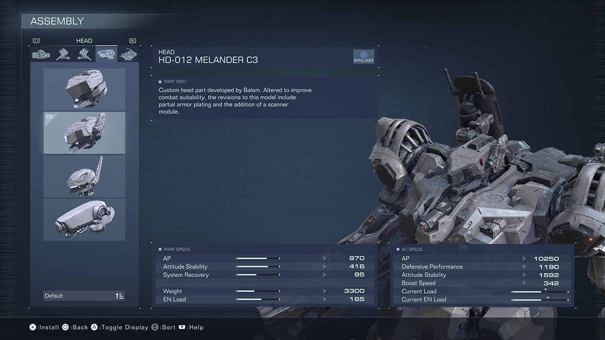 A menu screen for the HD-012 Melander C3 from Armored Core 6.