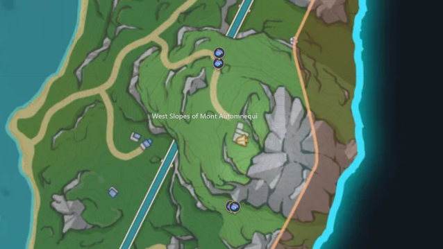 A map of the West Slopes of Mont Automnequi region with the Lumidouce Bell locations marked. 