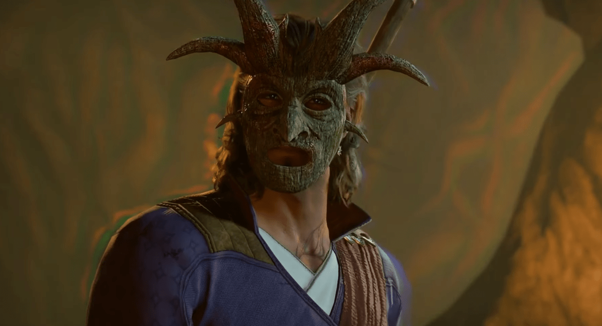 Gale from Badur's Gate wears a strange green mask with horns.