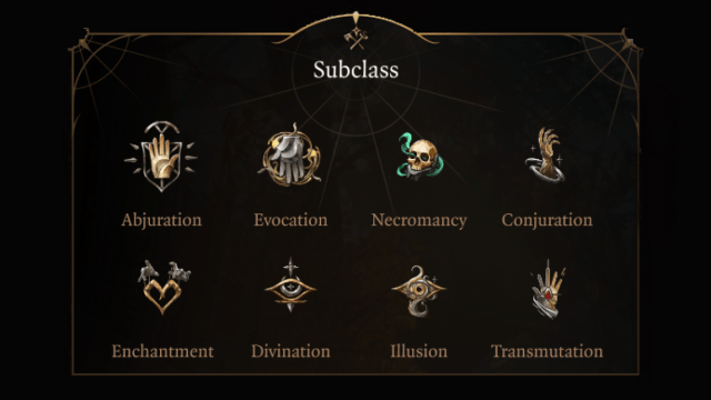 Baldur's Gate 3 All Wizard Subclasses. There are nine total options: Abjuration, Evocation, Necromancy, Conjuration, Enchantment, Divination, Illusion, and Transumation.