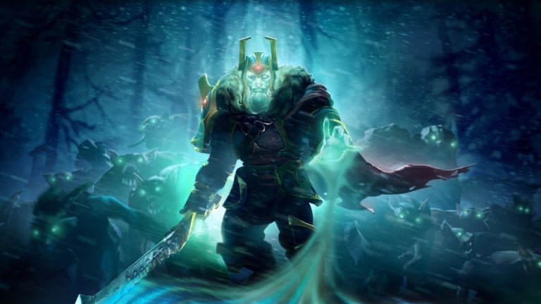 Wraith King roaming the battlefield in Dota 2.