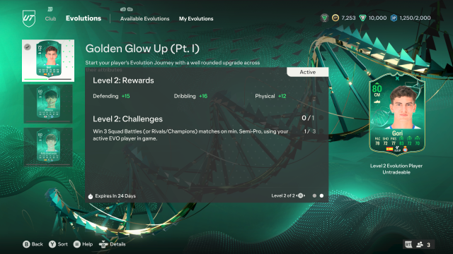 The Golden Glow Up Evolutions in EA FC showing Gori in-progress.