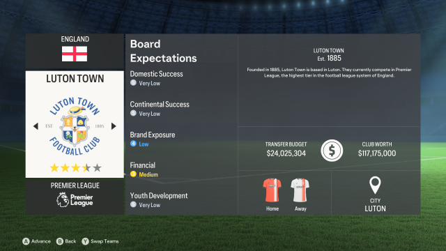 Details for Premier League side Luton Town in EA FC 24 Career Mode.