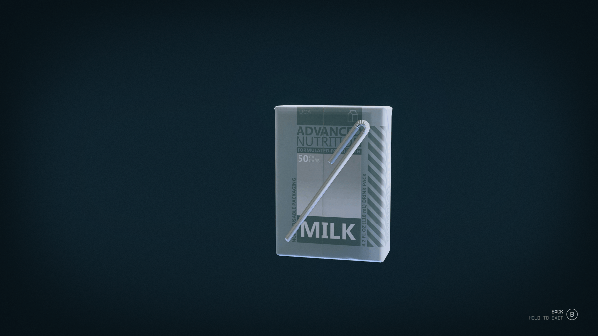 An in-game screenshot of the milk food item from the game Starfield.