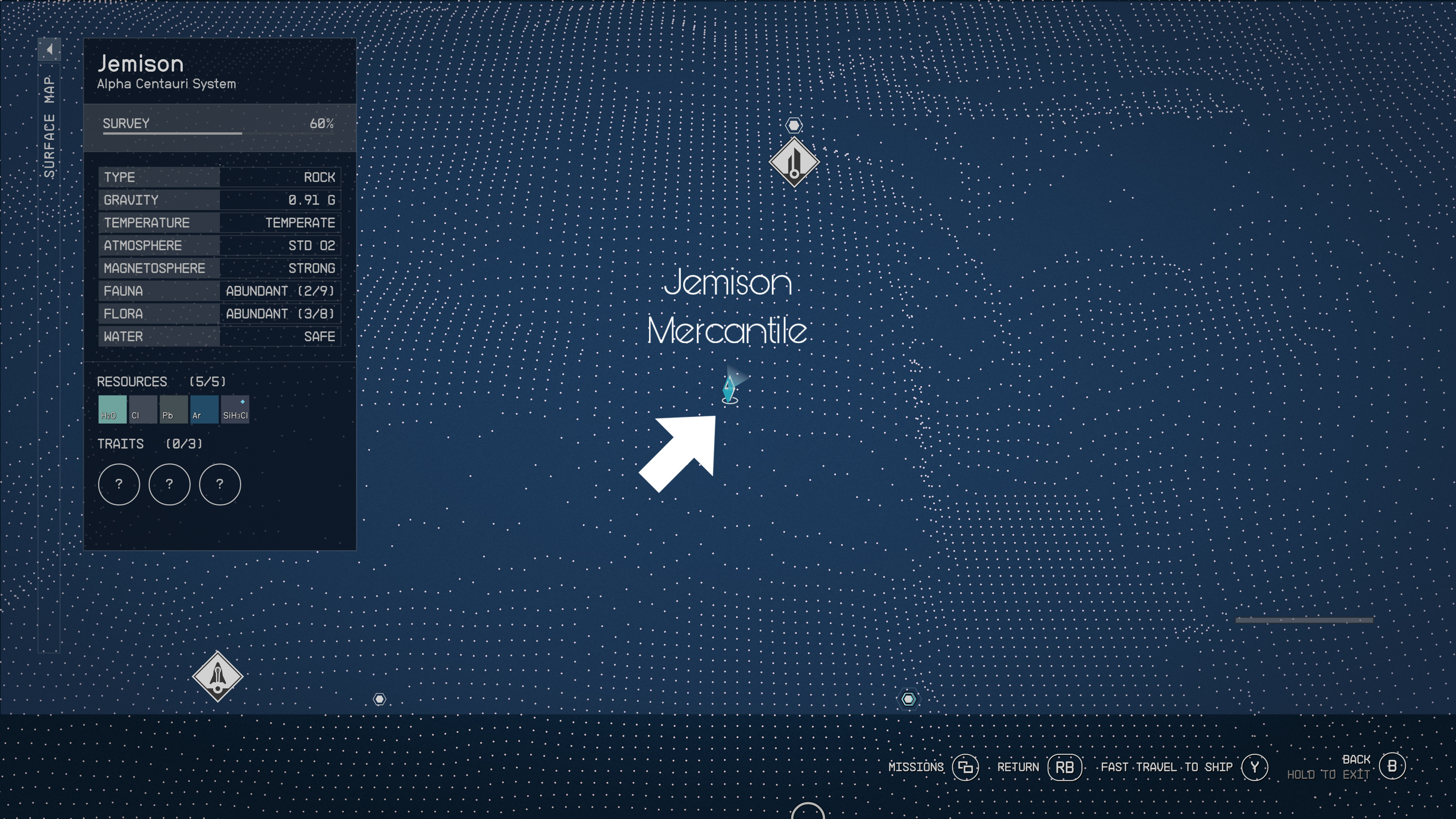 An in game screenshot of a map with an arrow pointing at Jemison Mercantile in the sci fi game Starfield.