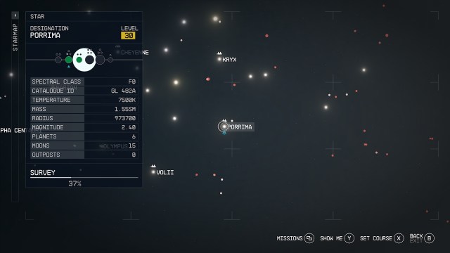 Screenshot of the Porrima system as it appears in the Starfield starmap