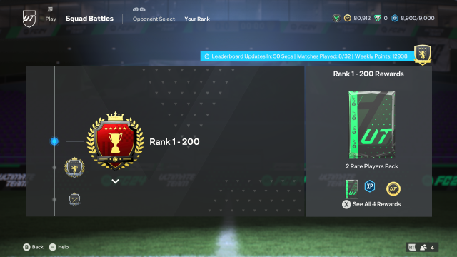 A menu in EA FC Ultimate Team showing the Squad Battles rewards, ranking, and current completion.