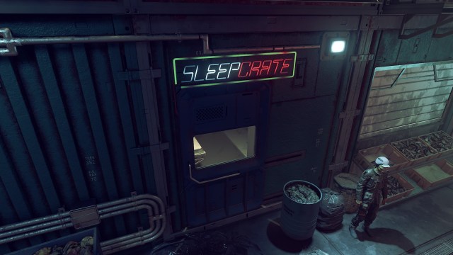 The dingy Sleep Crate apartment in the city of Neon in Starfield.