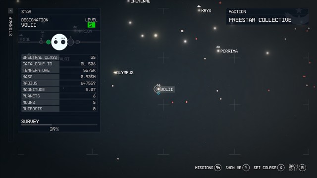 Screenshot of Volii system as it appears in the Starfield starmap.