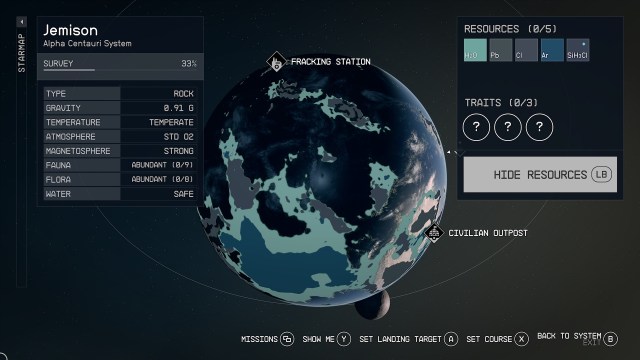 The galaxy map of Jemison, a planet with blue, grey, and green color patterns to indicate where the different resources are located.