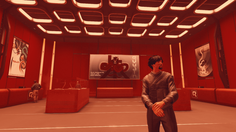 Ryujin gallery, featuring a character in a futuristic robe in the foreground and red dragon artpieces in the background