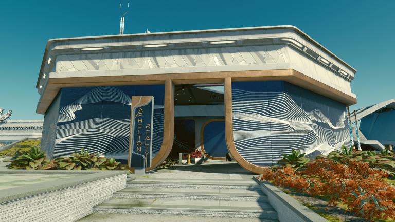 An in game image of the realty building in New Atlantis in the sci fi game Starfield.