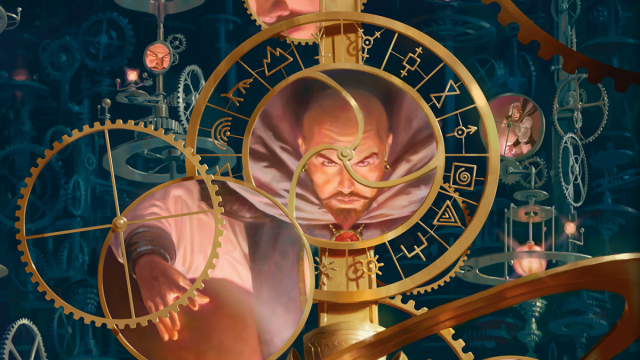 The great wizard Mordenkainen is depicted behind an astrolabe, surrounded by several gears, in the art on the cover of a DnD 5E book. His background is a blue curtain.