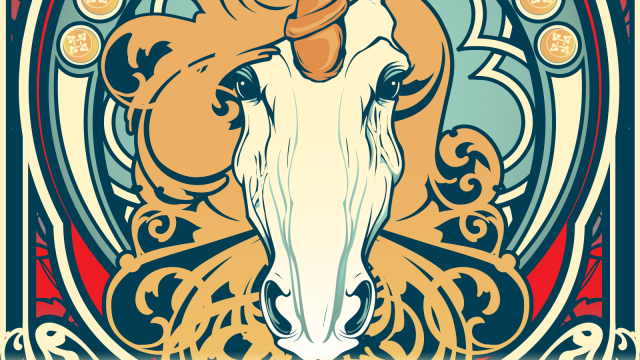 A white horses head with a unicorn horn is depicted in a painting-like style. Behind it is a stained-glass style of window in DnD 5E.