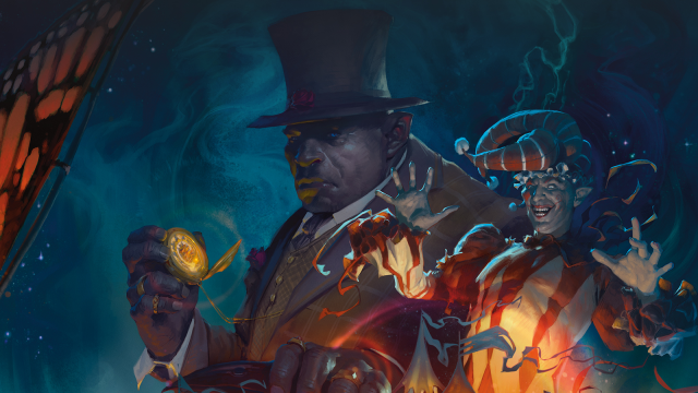 A man wearing a top hat and holding a pocketwatch sits next to a dastardly looking clown on the poster for 5E's Wild Beyond the Witchlight.