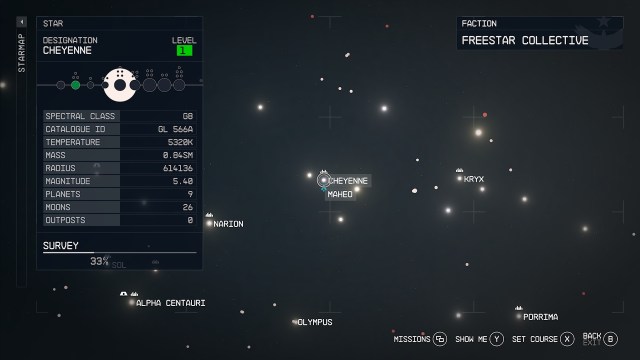 A screenshot of the Cheyenne system as it appears in the Starfield starmap