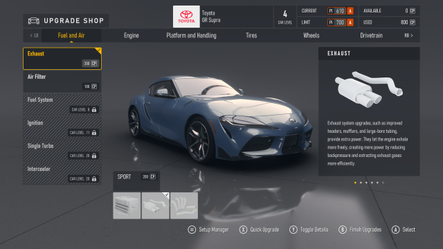 The upgrade menu for the Toyota GR Supra in Forza Motorsport.