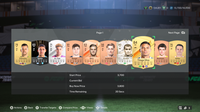 A screenshot of the Transfer Market in EA FC showing Dubravka, Quiros, St. Clair, Benger, Mroz, Andersen, Rivaldo, Thiago Silva, Mathisen, and Hofler for sale.