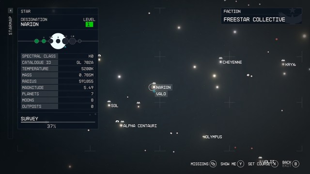 Screenshot of the Narion system as it appears in the Starfield starmap