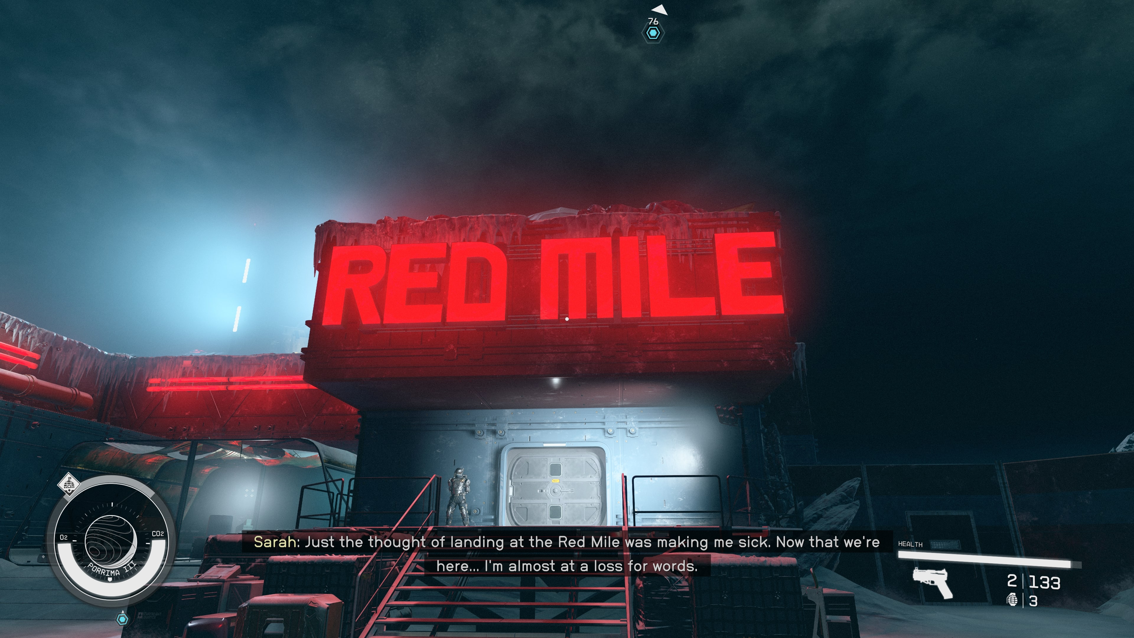 An in-game shot of the Red Mile building in the sci-fi game Starfield. 