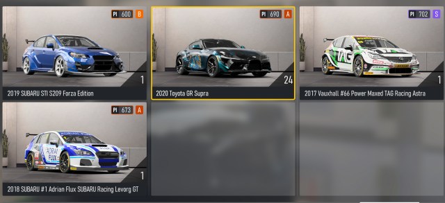 The 2019 Subaru STI S209 Forza Edition, 2018 Subaru #1 Adrian Flux Subaru Racing Levorg GT, 2020 Toyota GR Supra, and 2017 Vauxhall #66 Power Maxed TAG Racing Astra in Forza Motorsport.