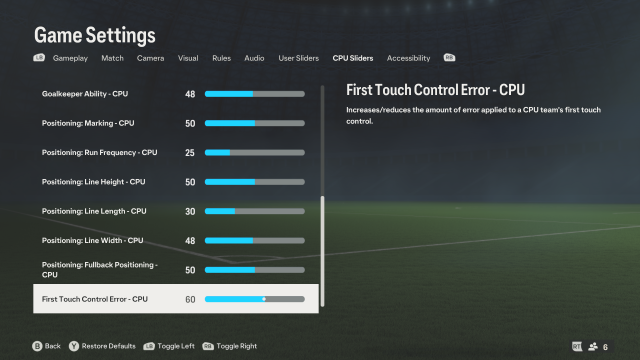 A screenshot of the settings menu in EA FC showing CPU Sliders.