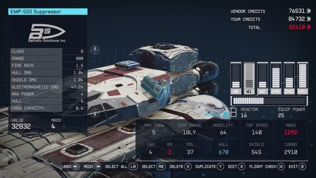 The EMP-500 Suppressor ship weapon in the ship modifying menu of Starfield.