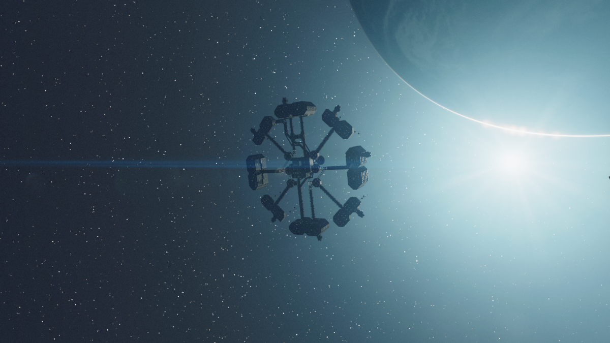 Image of a circular space vessel floating in the orbit of a large planet.