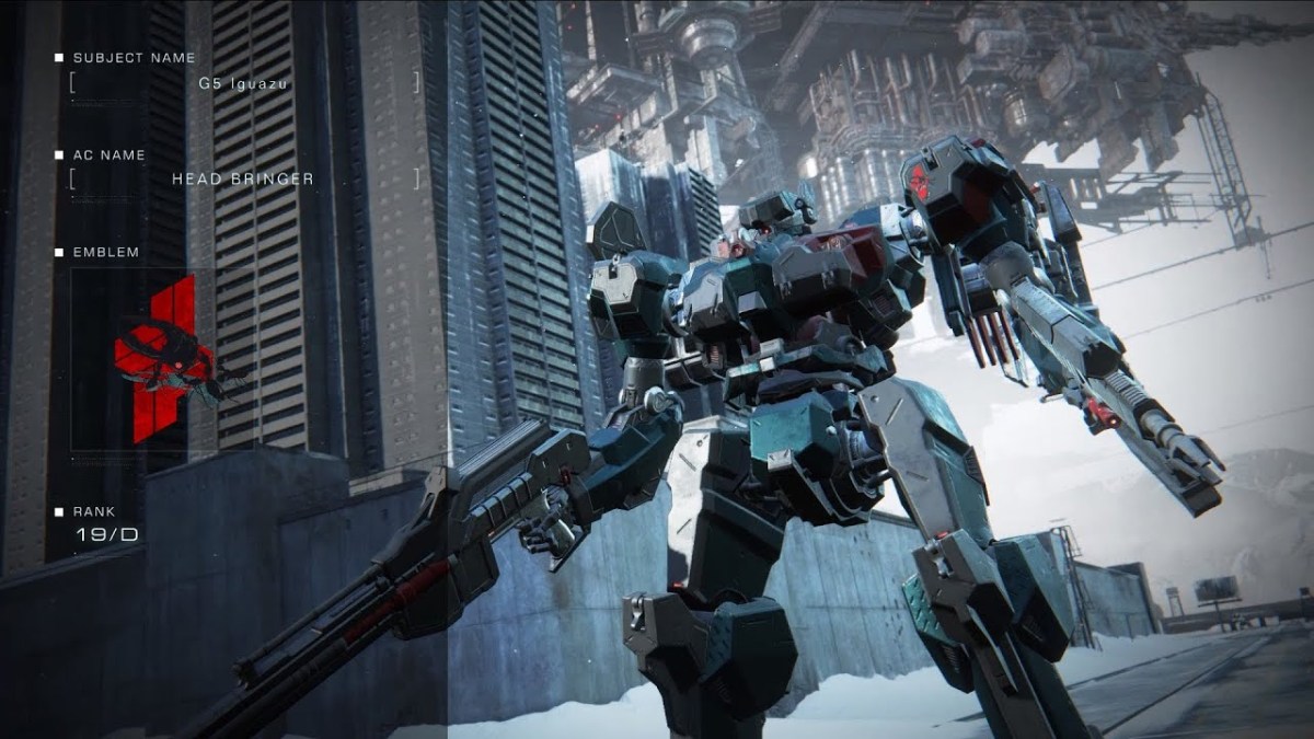 A screenshot of the Armored Core 6 arena mode image with G5 Iguazu shown.