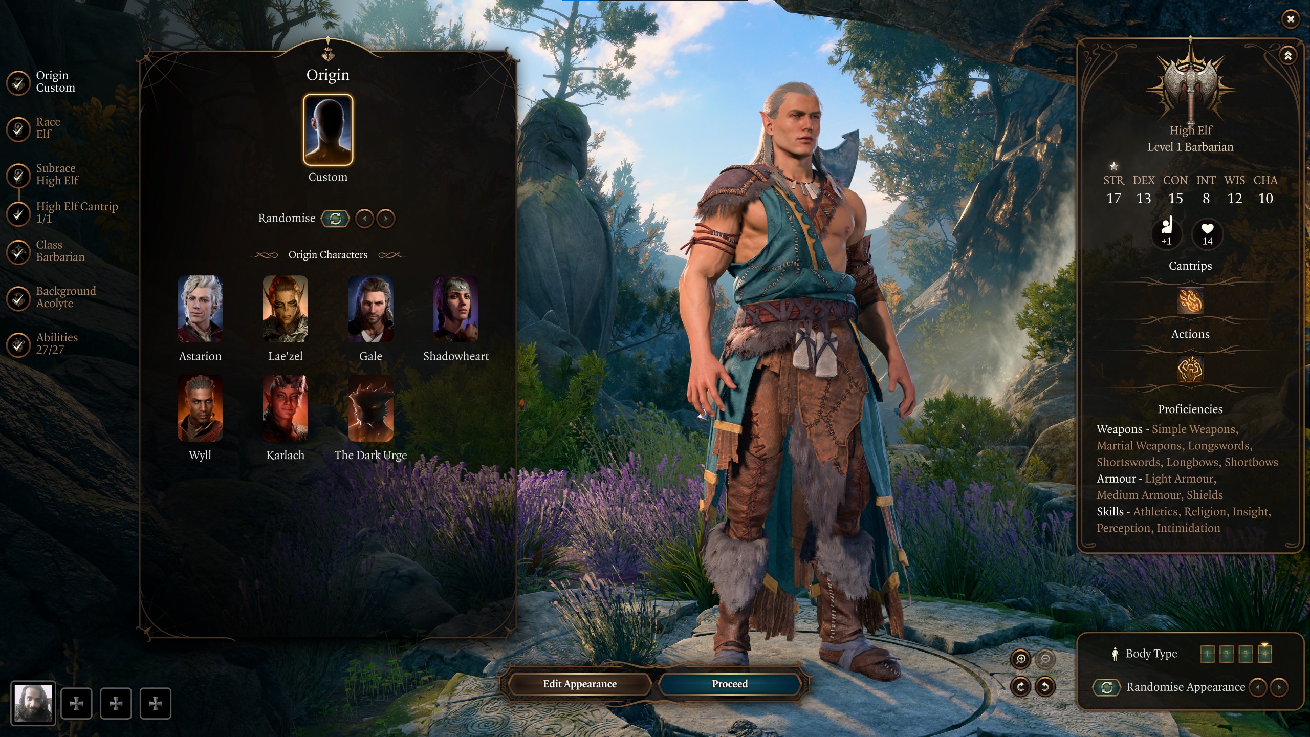 An image of the character creation screen displaying a High Elf default character in Baldur's Gate 3.