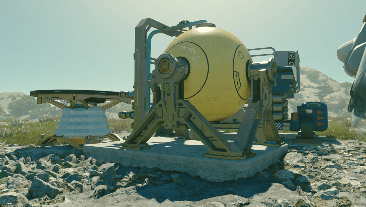 A screenshot from Starfield showing a big yellow spherical structure, a chlorine extractor, with a solar array next to it. The structures sit on a pile of rocks while grassy hills lie in the background.