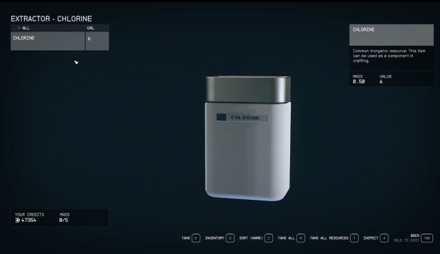 A screenshot from Starfield showing Chlorine as a material. It appears in a white rectangular container with