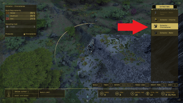 A screenshot from Starfield's outpost-building mode showing the list of extractors players can choose from. A red arrow points to the Chlorosilanes extractor on the right side of the screen.