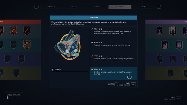 Image of the skills menu in Starfield, displaying a fully unlocked Chemistry skill tree.