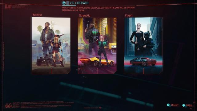 The Lifepath selection screen in Cyberpunk 2077