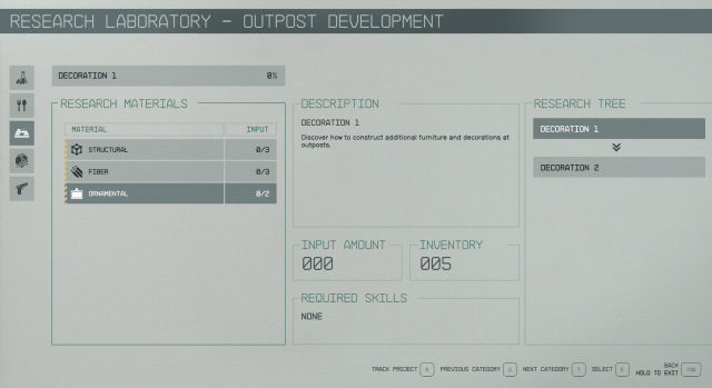 A screenshot from Starfield's research lab, the outpost development screen. A description of the project, research tree, and required materials are shown on the screen.