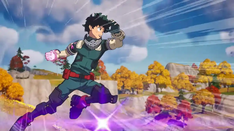 Fortnite Izuku Midoriya doing a Deku Smash with trees in the background