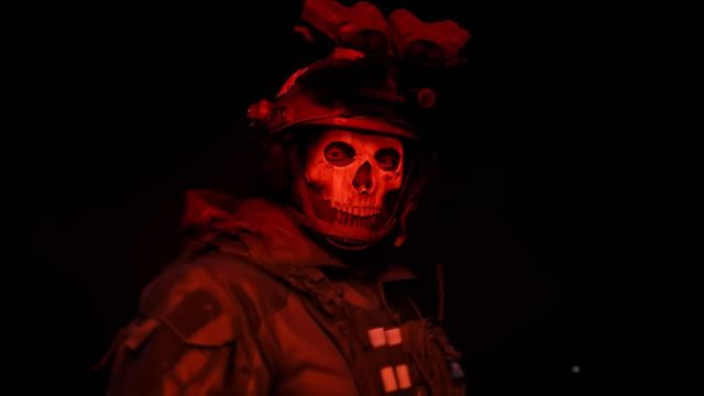 Image of Ghost in Call of Duty Modern Warfare II, red light is heavily weighing on the character with a skull mask visible on the screen.