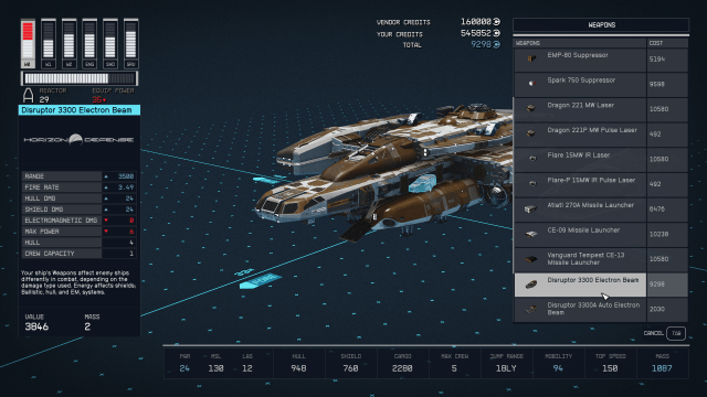 Image of a ship on a blueprint background with the Disruptor Beam highlighted.