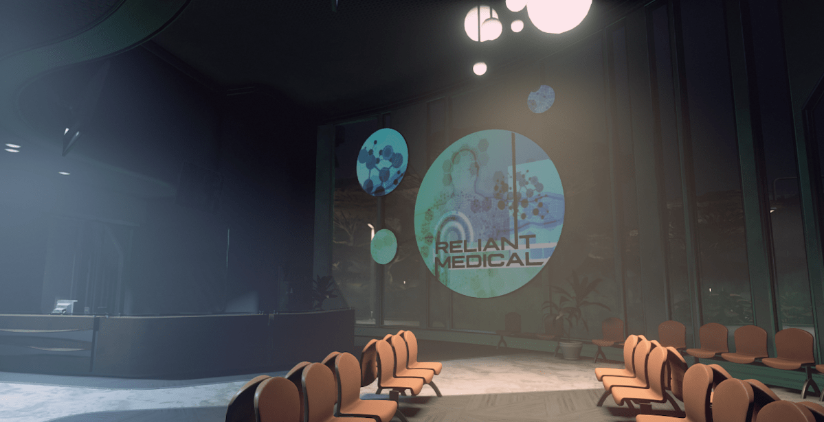 Reliable Doctors office in Starfield with chairs and sign in the background at night